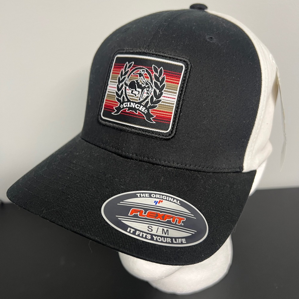 Cinch Mens Flexfit Western Logo Patch Trucker Hat Black White S/M Fitted